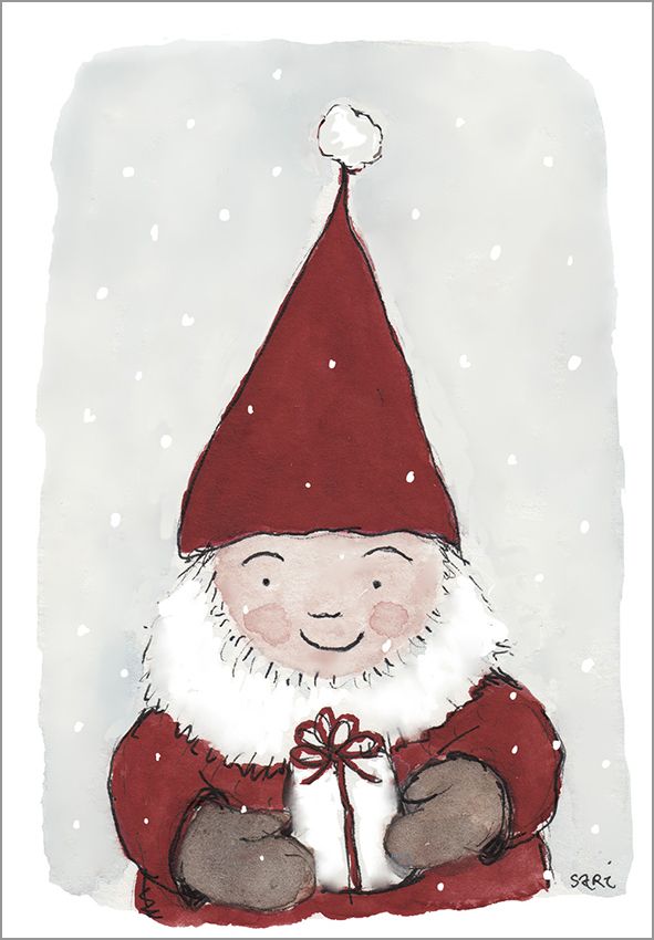 Postikortti joulu Sari's Artwork - Tonttu ja paketti