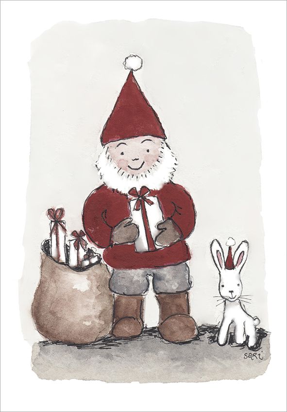 2-osainen kortti joulu Sari's Artwork - Tonttu, lahjat ja pupu