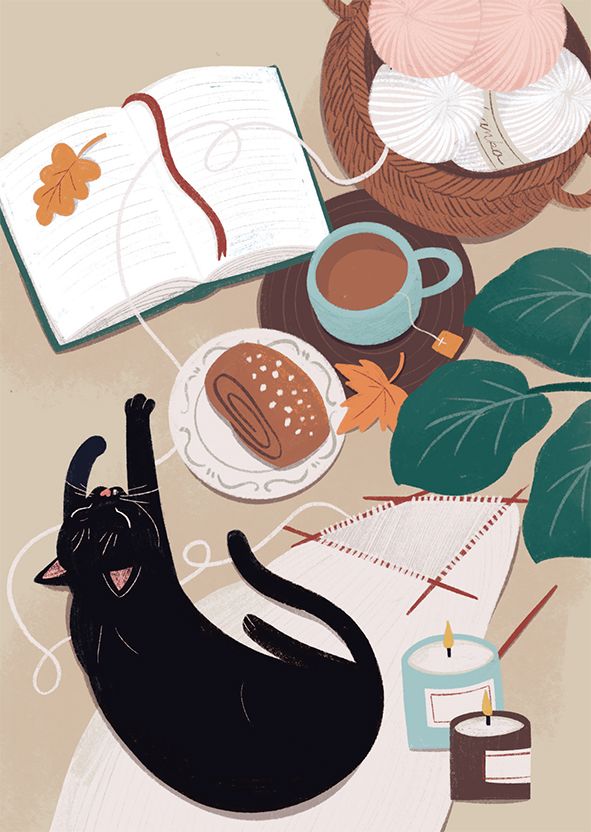 Postikortti Kaisu Sandberg - Kissa ja neuletyö