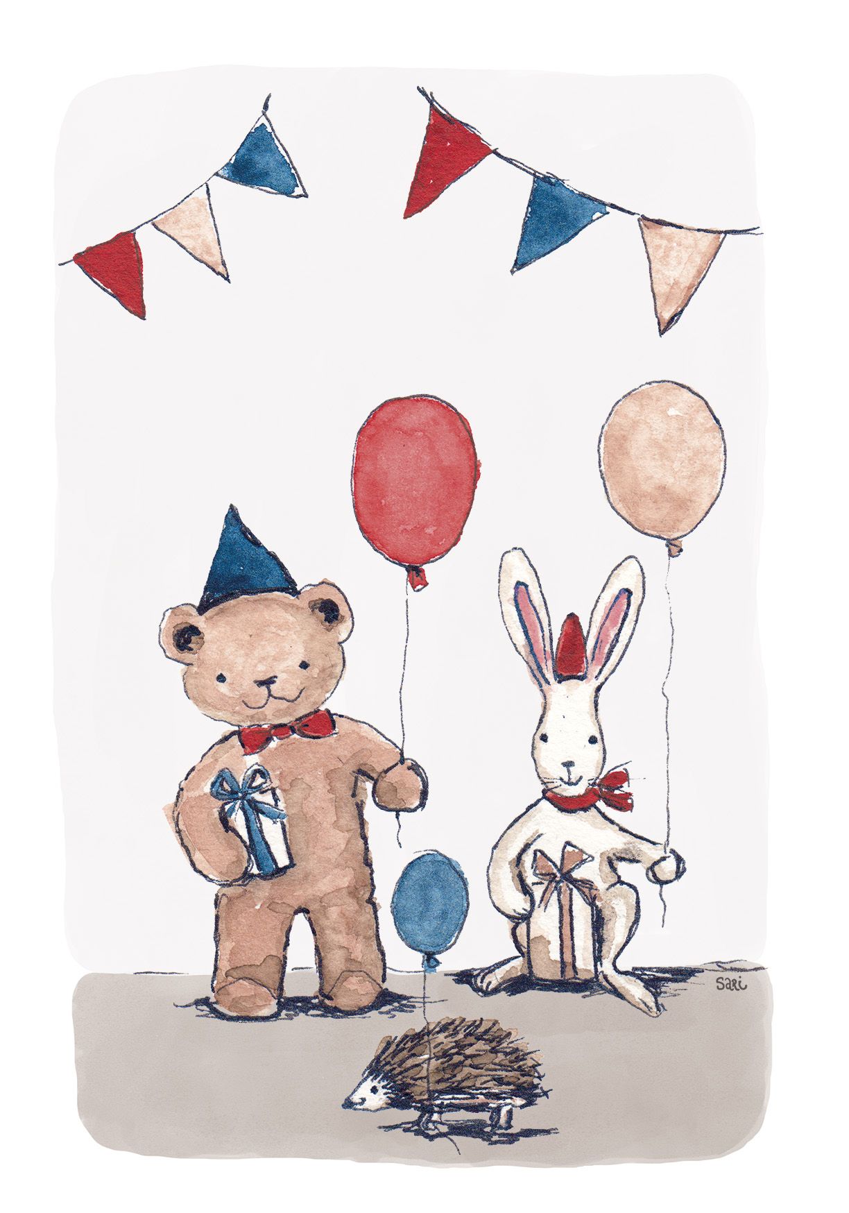2-osainen kortti Sari's Artwork - Nalle ja pupu synttärijuhlat