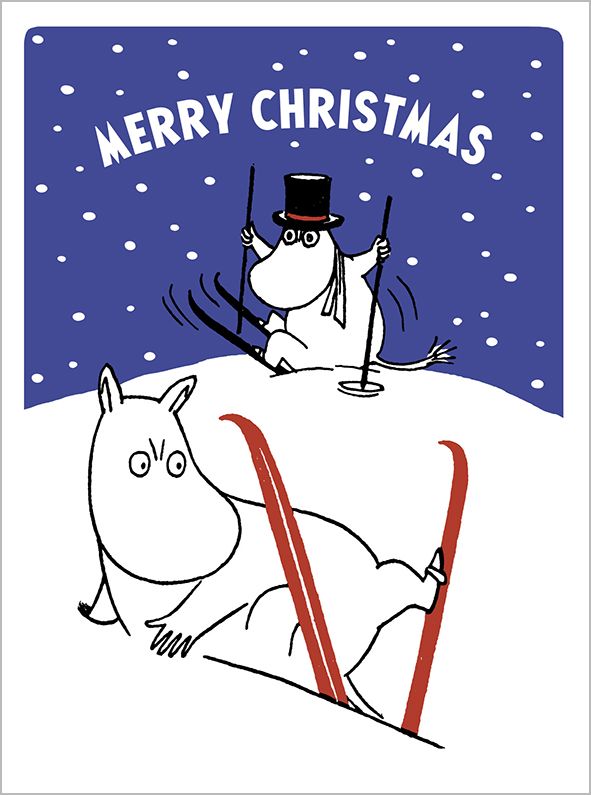 2-osainen kohopainokortti joulu Muumi - Hiihtämässä