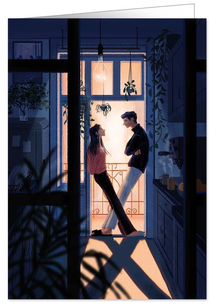 2-osainen kortti Quire - Tyttö ja poika oviaukossa