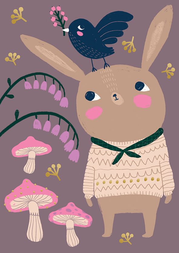 Postikortti Mira Mallius - Kotimetsä, pupu ja lintu