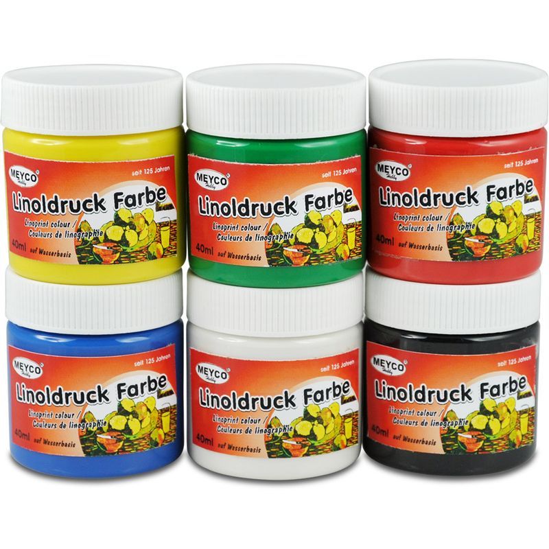 MEYCO Linovärilajitelma 6x40ml, sin, kelt, pun, vihreä, musta, valk.