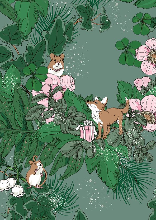 Postikortti joulu Nuppu - Kettu, hiiret ja joulupaketti