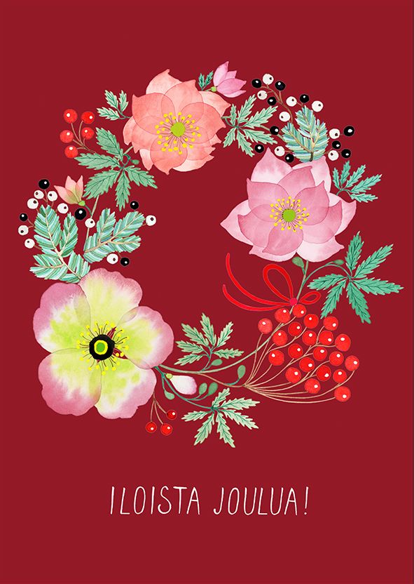 2-osainen joulukortti Anna Emilia - Iloista joulua!, kranssi punaisella pohjalla