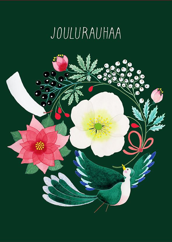 2-osainen joulukortti Anna Emilia - Joulurauhaa, kranssi ja lintu