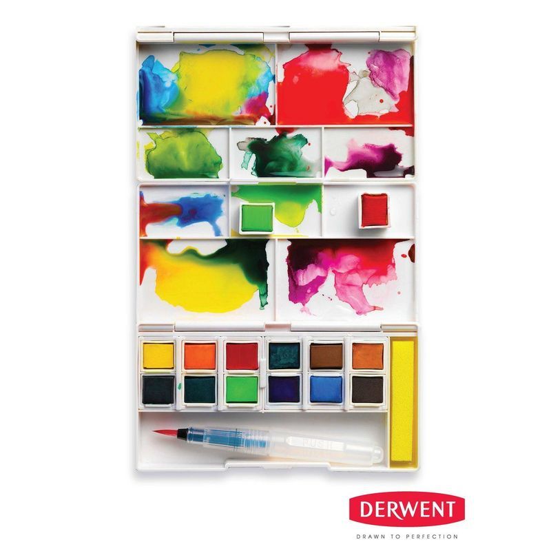 Derwent Inktense Paint Pan Set 24 + välineet, mm. säiliösivellin, sieni ja mustevärilajitelma