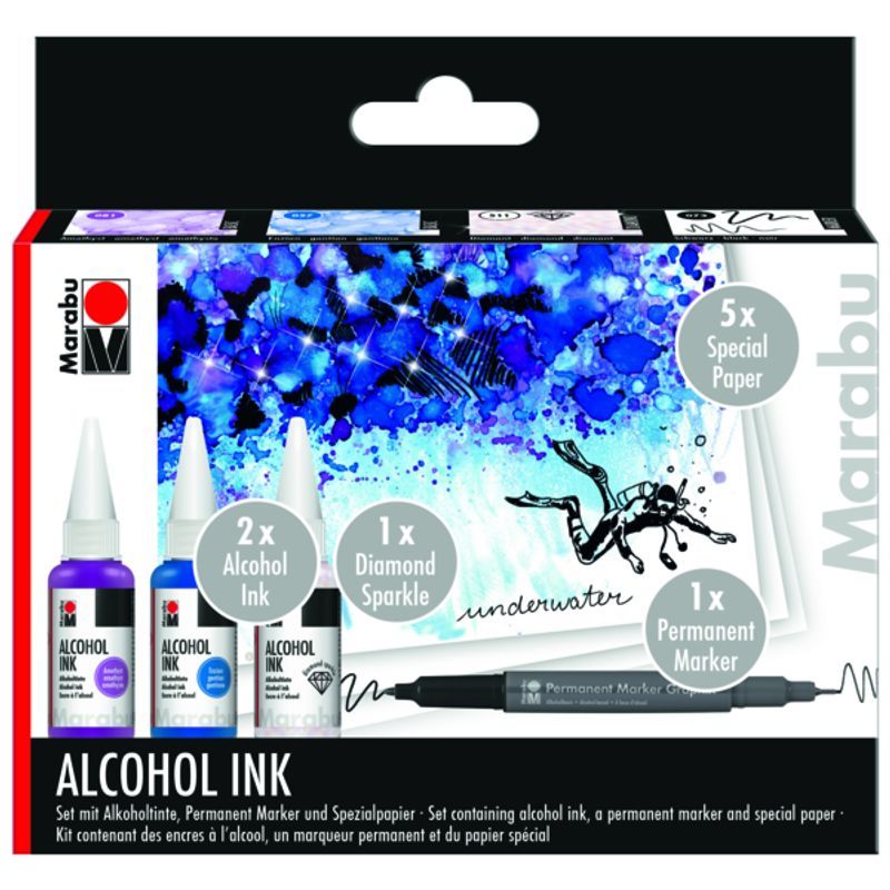 Marabu Alcohol Ink Set Flowers 3x20ml+tussi, värit 014, 020, 091 + 1 tussi ja 5 paperiark.