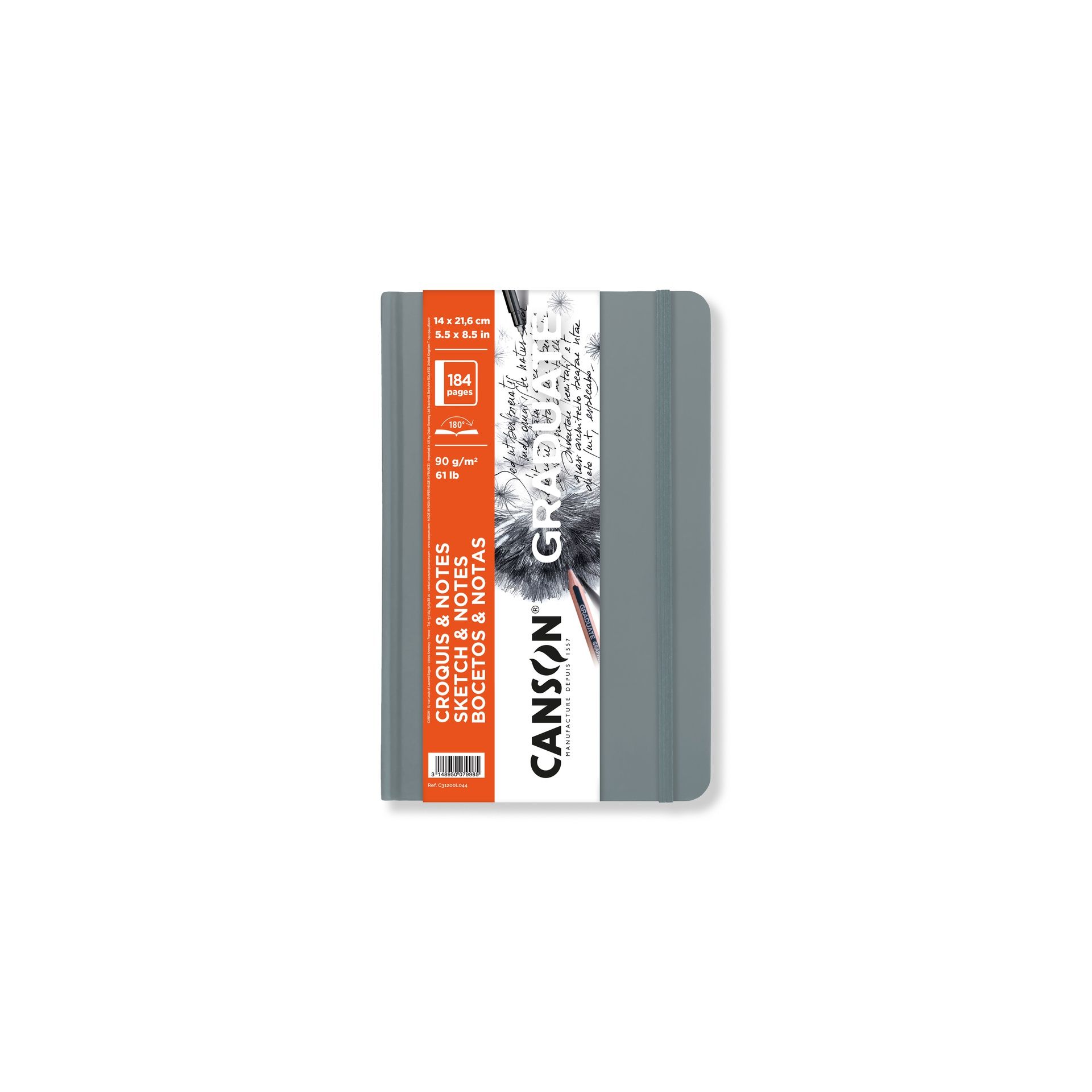 Graduate luonnoskirja 14x21,6cm 90g(184) kova/vhar, kova kansi/vaalean harmaa