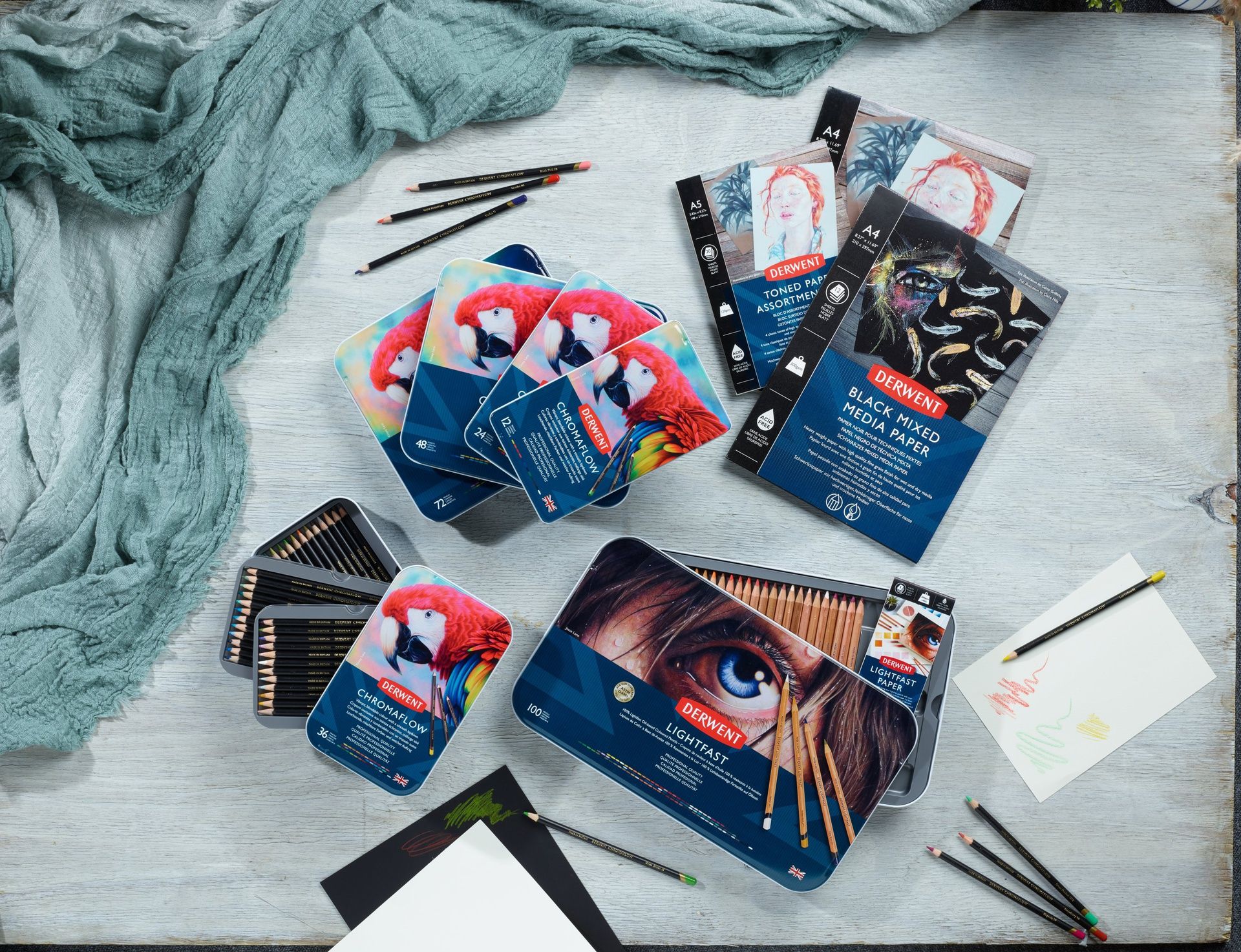 Derwent Lightfast 100 värikynälajitelma, Upea täydellinen koko värivalikoima metallilaatiko