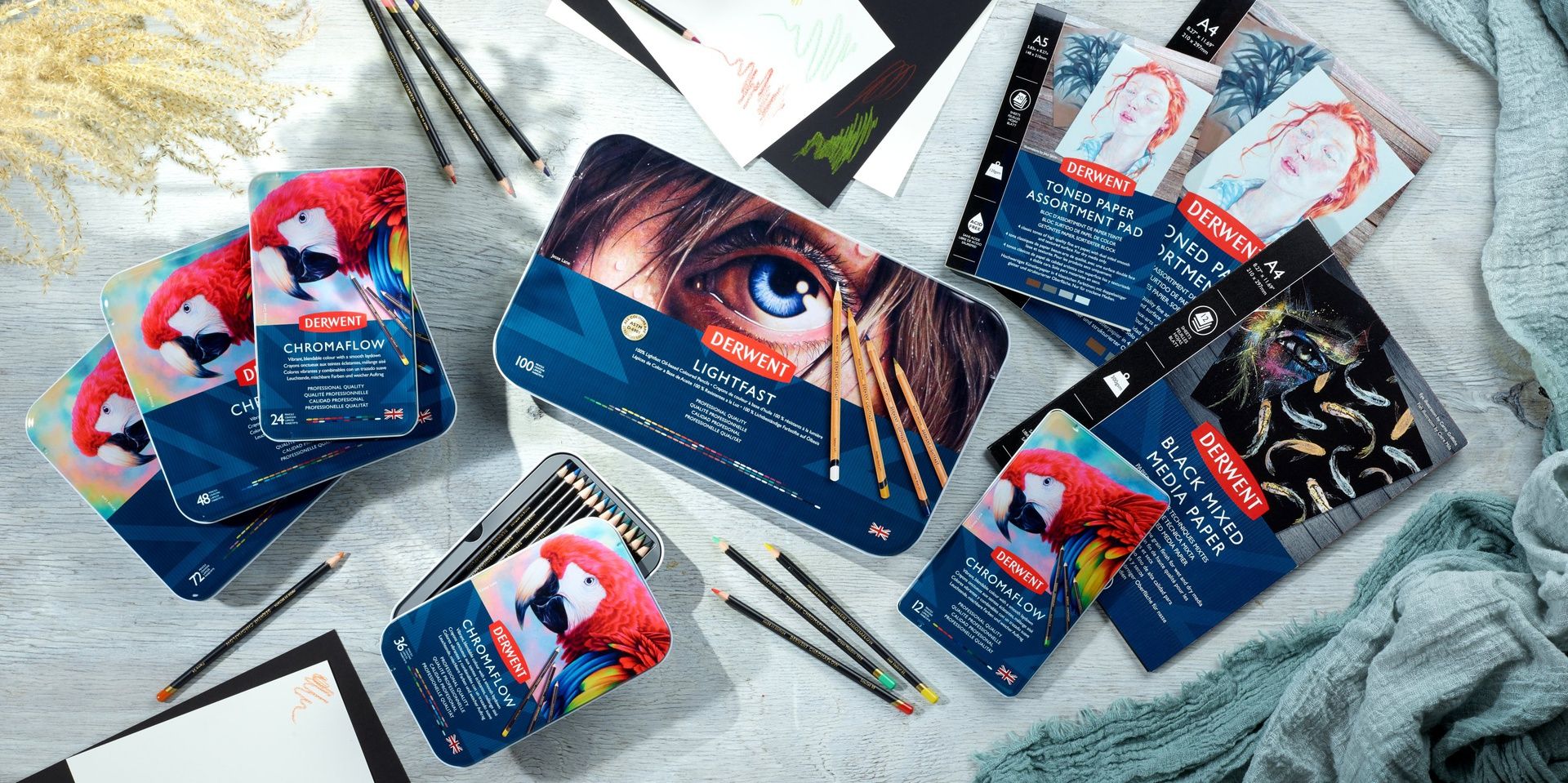 Derwent Lightfast 100 värikynälajitelma, Upea täydellinen koko värivalikoima metallilaatiko